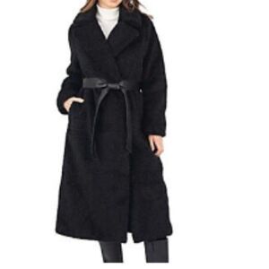 FRYE sherpa teddy long coat black faux fur belted lapel winter pockets small
